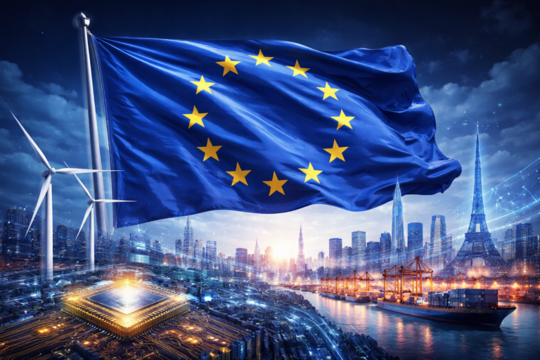 Bandera de Europa con elementos económicos y estratégicos que representan su papel en el nuevo orden mundial