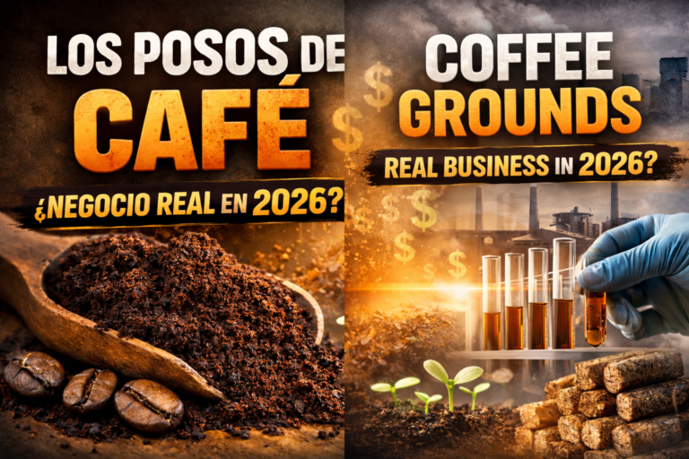 Imagen conceptual que muestra el café como materia prima reutilizable, con posos de café transformados en recurso industrial y símbolo de nuevas oportunidades de negocio sostenibles.